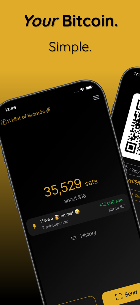 Wallet of Satoshi 모바일 앱 인터페이스, Sat 단위의 비트코인 잔액과 스마트폰 화면의 거래 메시지 표시