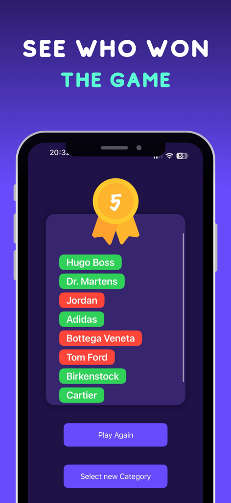 Charades : What am i - A mobile game results screen displaying a score of five and a list of correctly and incorrectly guessed words.