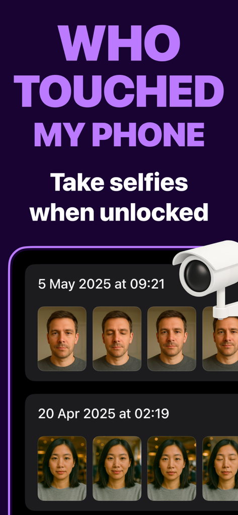 Crook Catcher Anti Theft Alarm - Interface of the Gotcha app displaying a log of intruder selfies captured during unauthorized phone unlock attempts