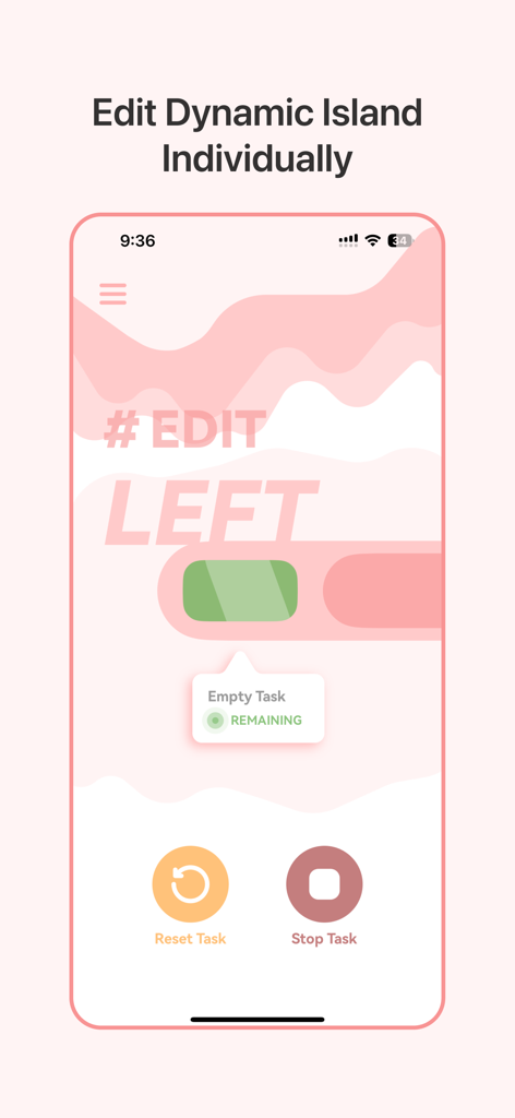 IsleMark - IsleMark app interface showing customization options for the iPhone Dynamic Island with a pink aesthetic UI