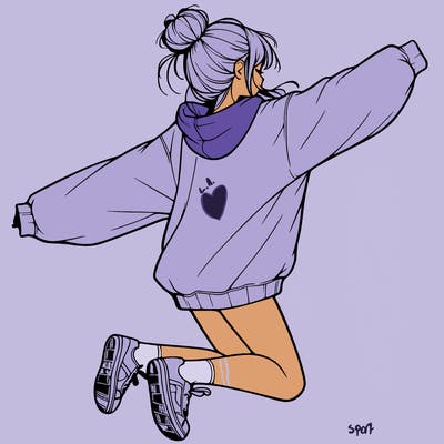 realistic girl jumping with a bun and oversized sweatshirt