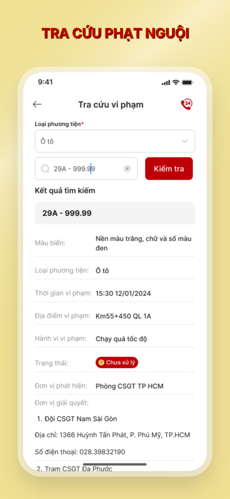 VNeTraffic - VNeTraffic app interface displaying traffic violation details and fine lookup for a vehicle in Vietnam