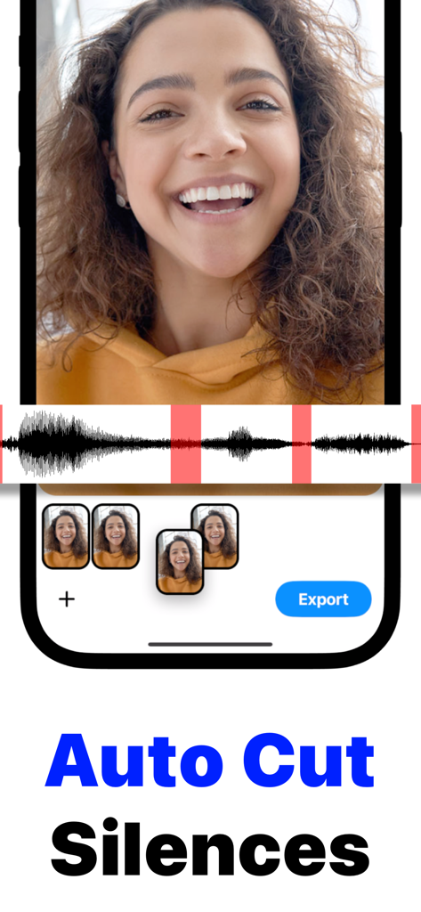 Pause Camera Video Recorder - Mobile app interface showing a video creator and an audio waveform with automatic silent gap removal highlighted in red