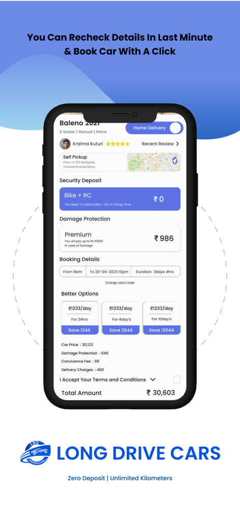Long Drive Cars - Car Rental - Ein Smartphone, das den Buchungszusammenfassungsbildschirm der Langstreckenautos-App mit null Sicherheit hinterlegt anzeigt