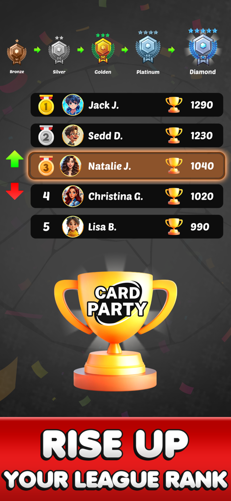FLIP! Card Party with Friends - Leaderboard showing player rankings and league tiers from bronze to diamond in FLIP Card Party