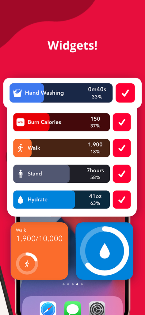 HabitMinder • Habit Tracker - HabitMinder iOS widgets displaying daily progress for walking hydration and calorie burning habits