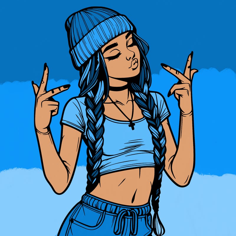 realistic teenage girl with braids and a beanie and crop top doing 🫶🏼