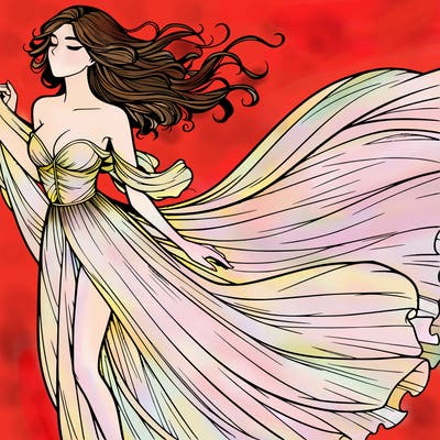 realistic woman in dress flowing the the wind