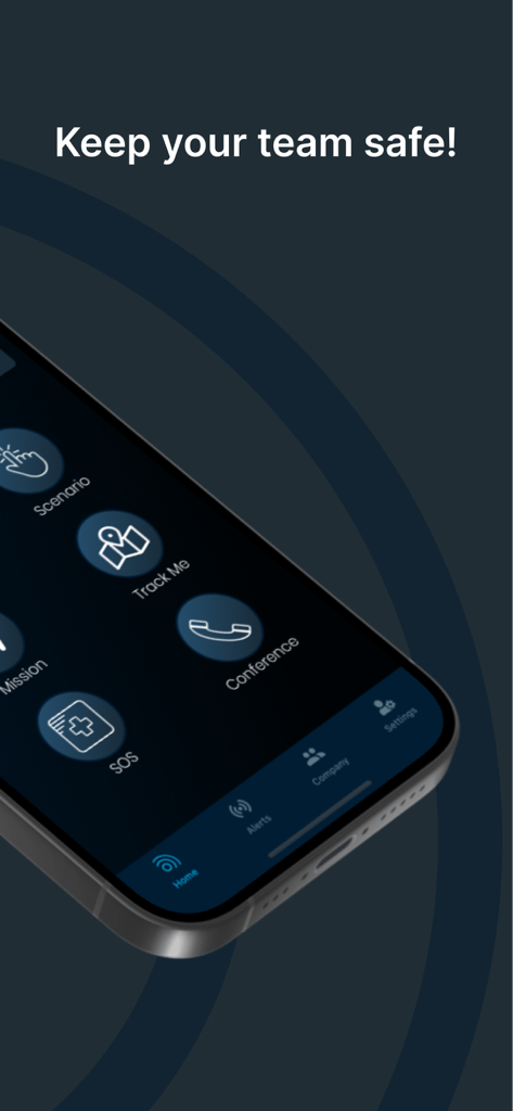 TeamAlert mobile app interface showing emergency safety features and the slogan Keep your team safe