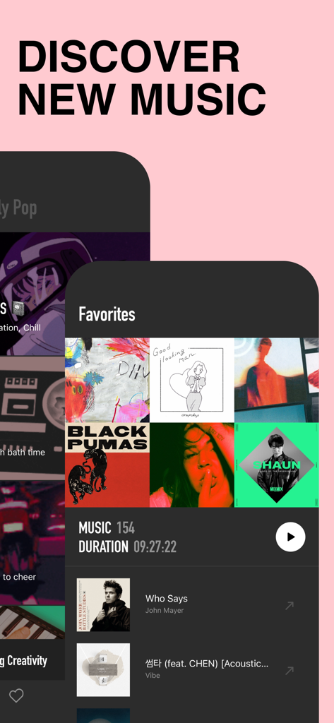 Mobile app screen showing the discover new music feature and favorites playlist section with aesthetic album covers