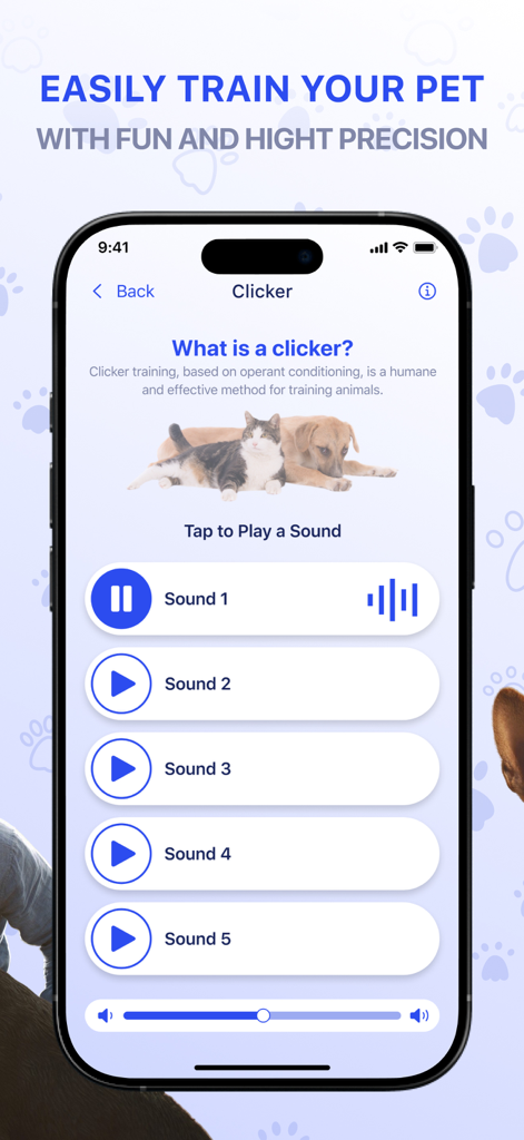Interfaz de entrenamiento con clicker de la aplicación SpeakPet con sonidos de animales