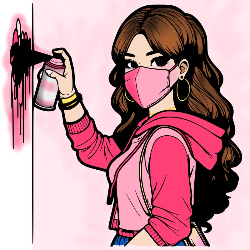 realistic girl with mask spray painting a wall