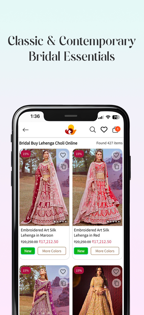 Exibição do aplicativo Utsav Fashion de cholis lehenga de noiva clássicos e contemporâneos
