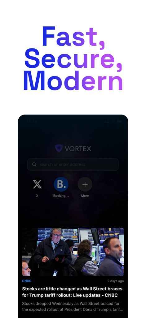 Vortex Browser: VPN Browser - Vortex Browser home screen interface showing private search bar and news feed