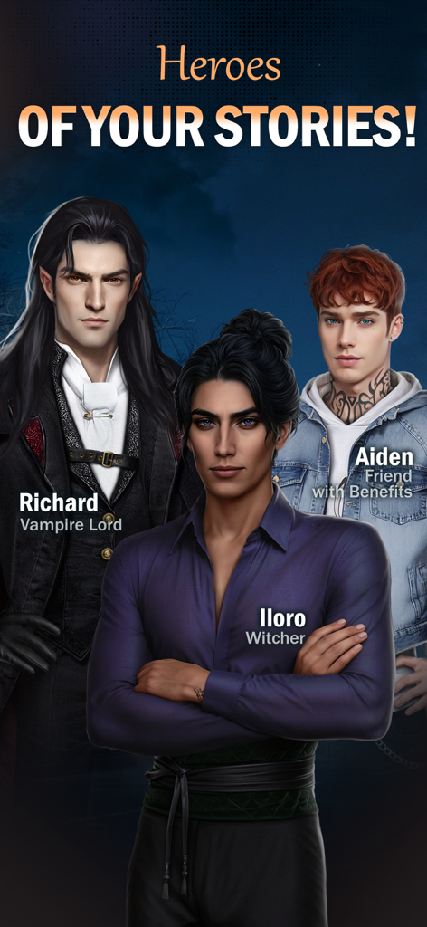 Senses - Choose Romance Story - センセス ロマンス ゲームの3人の魅力的な男性の恋愛対象：ヴァンパイアロードのリチャード、ウィッチャーのイロロ、エイデン。