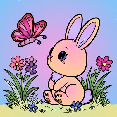 a cute bunny sitting up on its hind legs, watching a butterfly fluttering close by. the butterfly can be oversized to allow for more detailed coloring. a few blades of grass and flowers ground the scene. the lines should be thick and clear, without any shading, solid black or fine detail lines