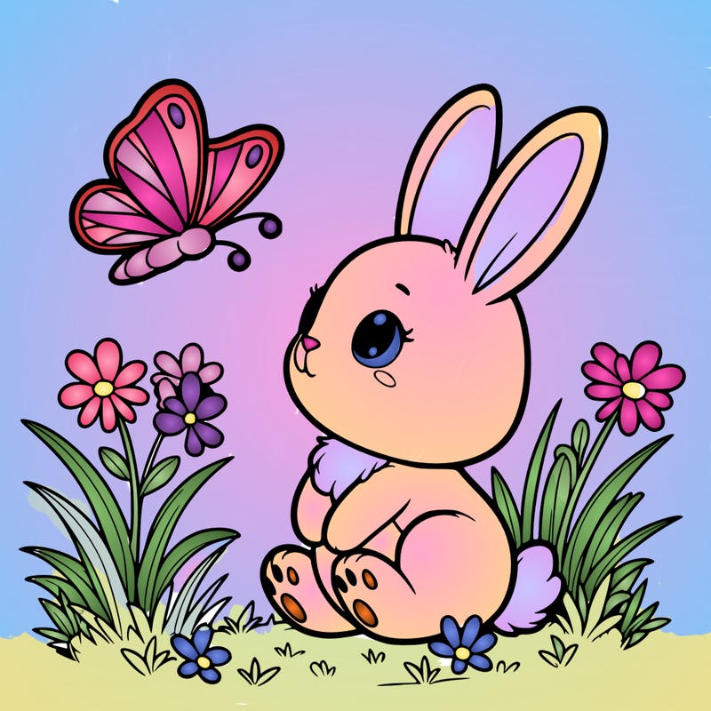 a cute bunny sitting up on its hind legs, watching a butterfly fluttering close by. the butterfly can be oversized to allow for more detailed coloring. a few blades of grass and flowers ground the scene. the lines should be thick and clear, without any shading, solid black or fine detail lines