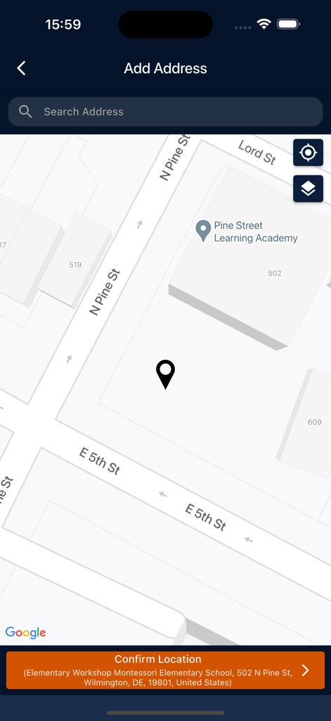 Interface of the Routin-Customer app showing a map used to add and confirm a specific address for delivery and shuttle tracking.