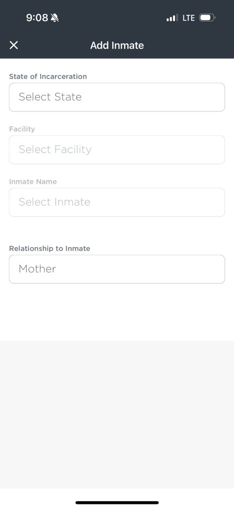 A screenshot of the HomeWAV app's Add Inmate screen showing fields to select the state of incarceration facility inmate name and relationship to inmate.