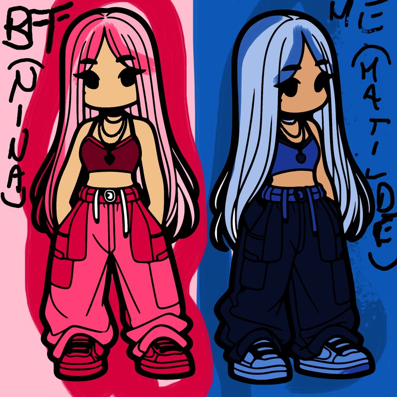 girl in baggy pants crop top and long hair