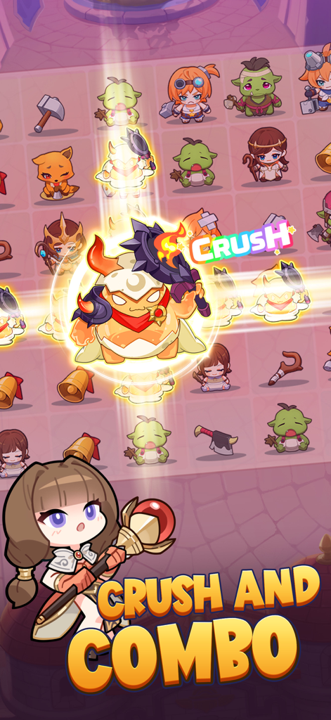 Ragnarok Crush: Match & Merge - Ragnarok Crush match and merge puzzle board featuring chibi characters and crush combo mechanics
