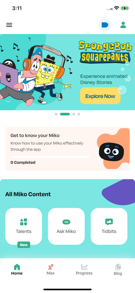 The Miko app home dashboard showing SpongeBob stories and educational content categories
