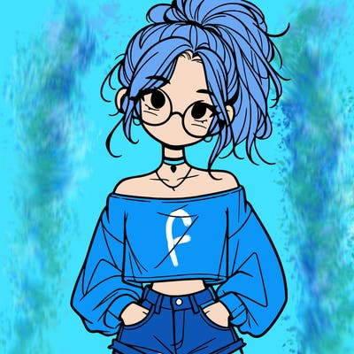 girl with a messy ponytail glasses a baggy crop top and jean shorts