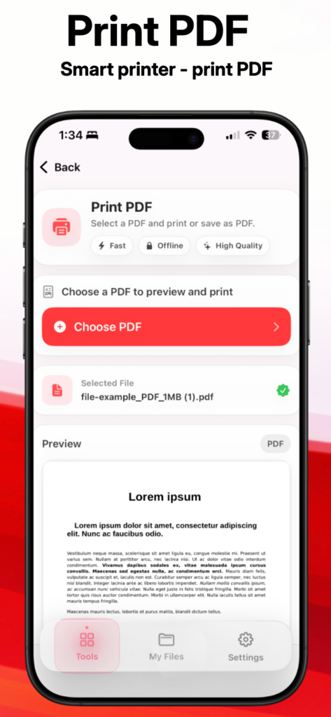 La pantalla de impresión de PDF de la aplicación PDF Converter, mostrando una vista previa del documento y opciones de selección de archivos.