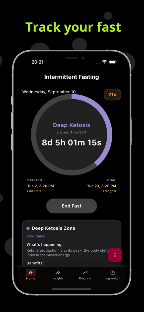 Life Fasting Tracker app interface showing the intermittent fasting timer and deep ketosis status