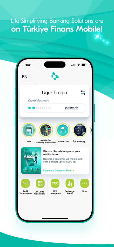 Oberfläche der Turkiye Finans Mobile App, die Bankdienstleistungen und die Anmeldeseite anzeigt