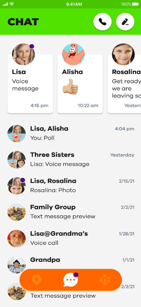 NickWatch: Parent App - Uma interface de chat dentro do App dos Pais NickWatch mostrando uma lista de conversas familiares e mensagens de crianças usando avatares de personagens da Nickelodeon.