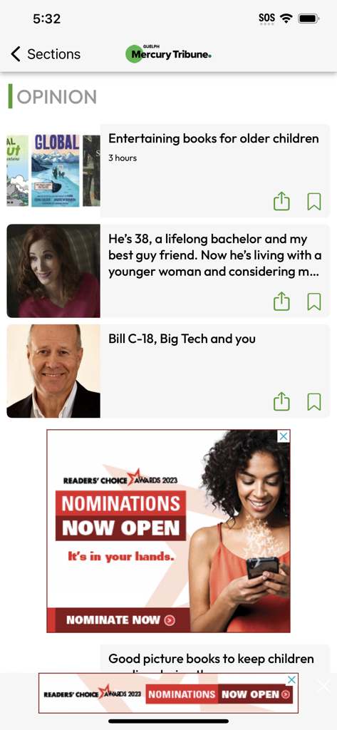 Opinion articles and advertisements on the Guelph Mercury Tribune mobile application