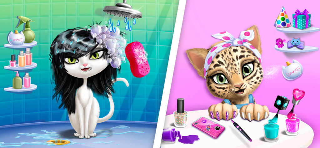 Cat Hair Salon Birthday Party - Un gato blanco siendo lavado en una ducha y un gatito leopardo recibiendo una manicura