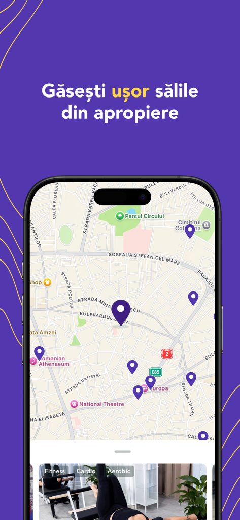 ESX mobile app interface showing a map with pins for various gyms and fitness centers