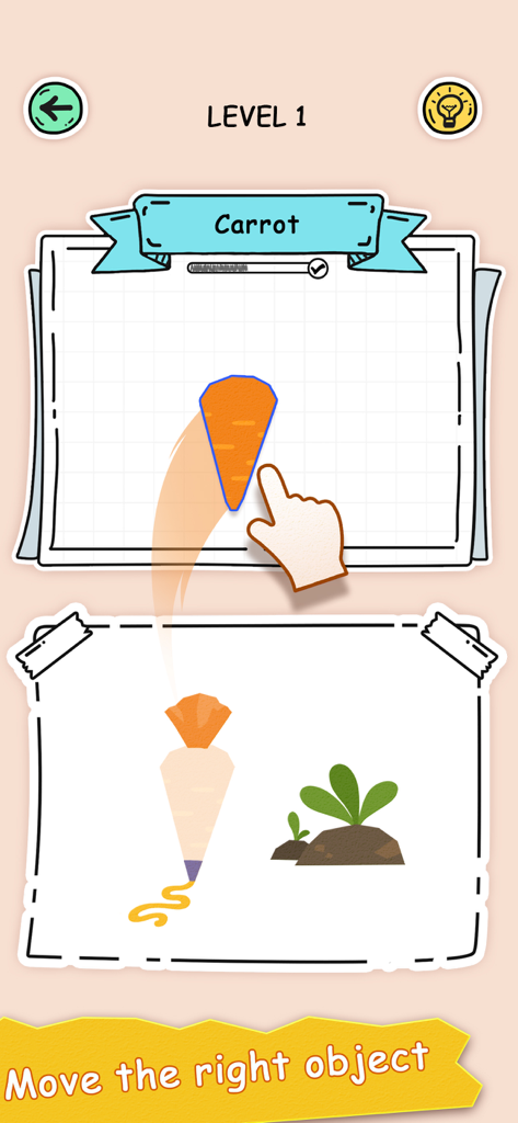 Puzzle Fuzzle - Gameplay del livello 1 di Puzzle Fuzzle che mostra una mano che trascina una forma arancione per costruire un'icona di carota.