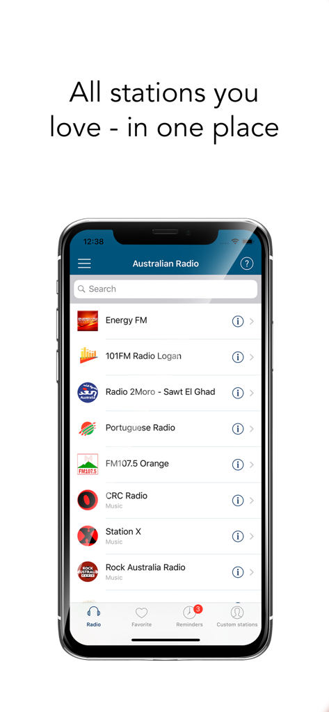 Australian Radio - Interfaz de la aplicación móvil que muestra varias emisoras de radio australianas como Energy FM y Rock Australia Radio