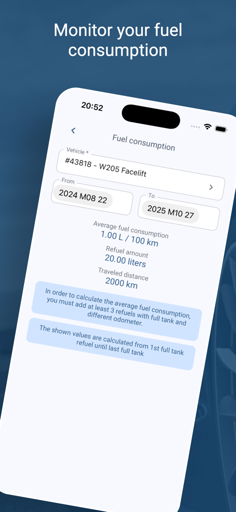 CarDiary - Expenses and fuel - モバイルインターフェース。燃料消費統計と、車両の100キロメートルあたりの平均使用量が表示されています