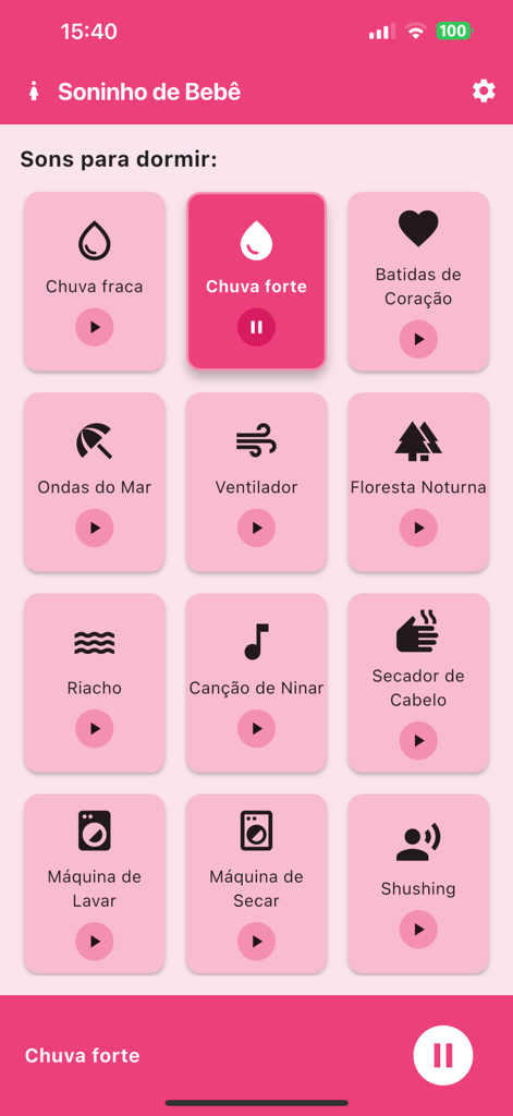 Soninho Bebê - Interface of the Soninho Bebê app showing a pink grid of soothing sleep sound options like rain, heartbeat, and ocean waves.