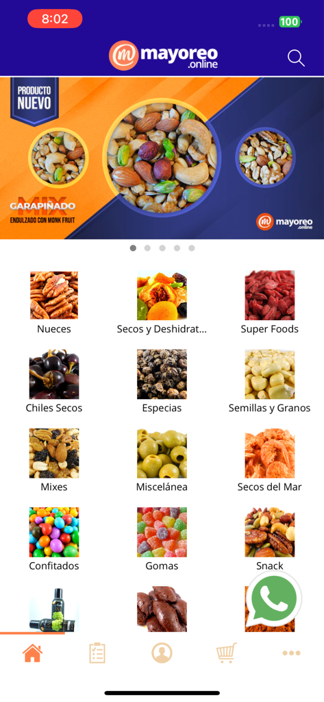 Mayoreo Online - Interfaz de la aplicación móvil Mayoreo Online que muestra categorías de comestibles como chiles secos, nueces y especias de la Central de Abasto