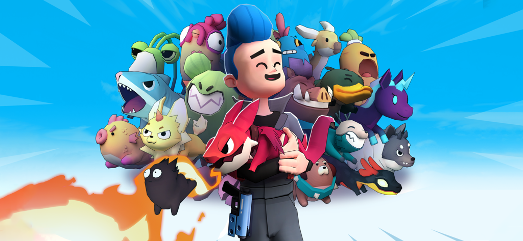 Vortex 9 - shooter games - Ein stilisierter Charakter, umgeben von bunten Kreaturen-Begleitern im Vortex 9 Shooter-Spiel