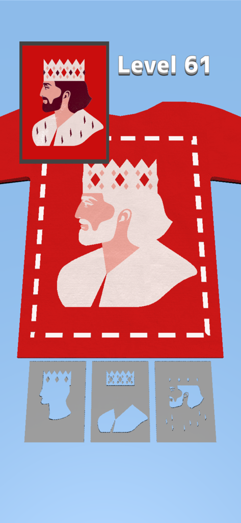 Masking Print - Level 61 of Masking Print game showing a stencil design of a king on a red shirt