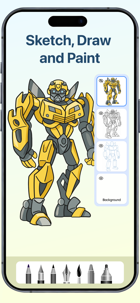 Digital sketching app interface showing a robot character with multiple drawing layers and artistic tools