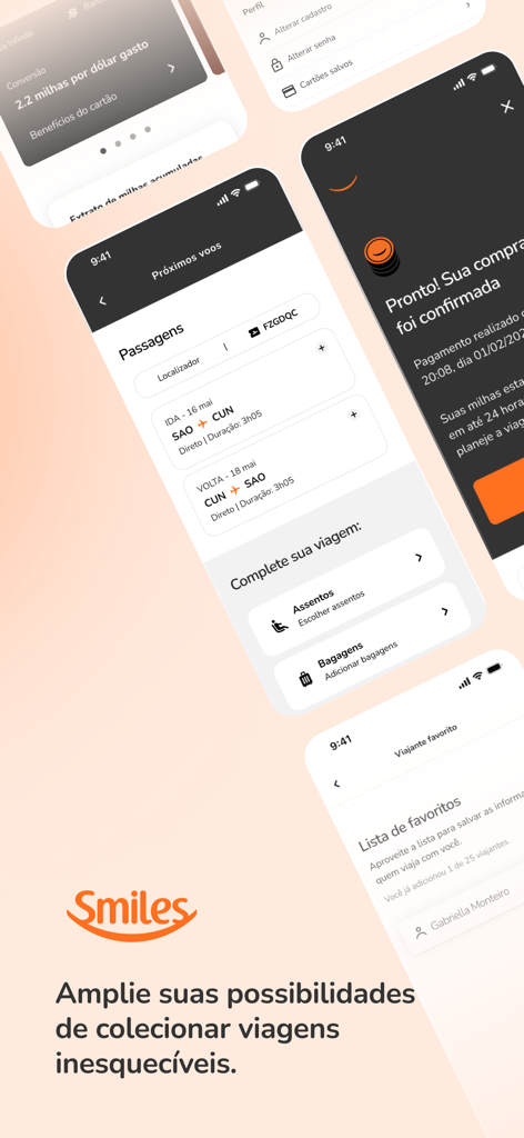 Mobile app screens for Smiles loyalty program showcasing flight booking and travel mileage features