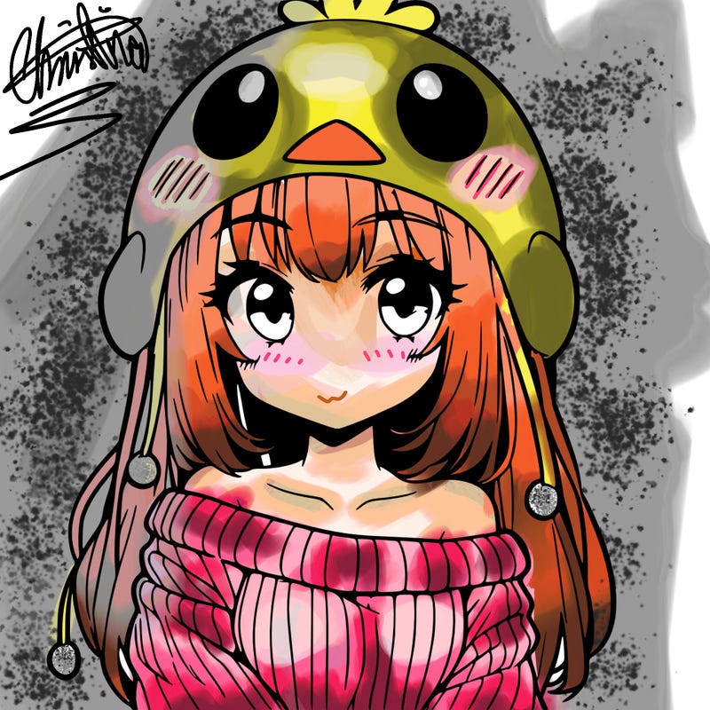 anime girl with chick shaped hat with sweater with bare shoulders with bangs covering them one eye with low tail