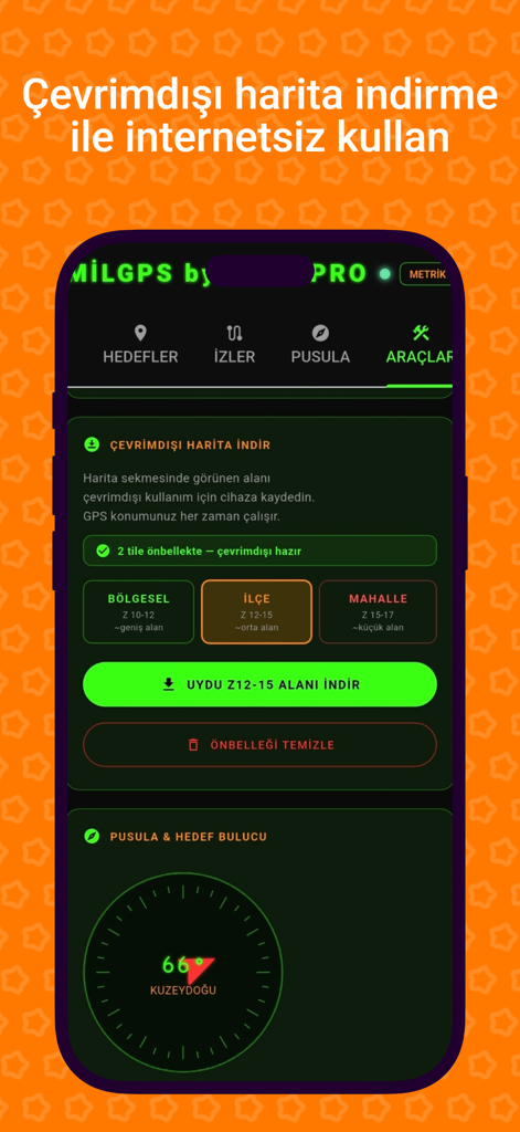 MilGPS PRO - MilGPS PRO tactical navigation interface showing offline map download options and a digital compass