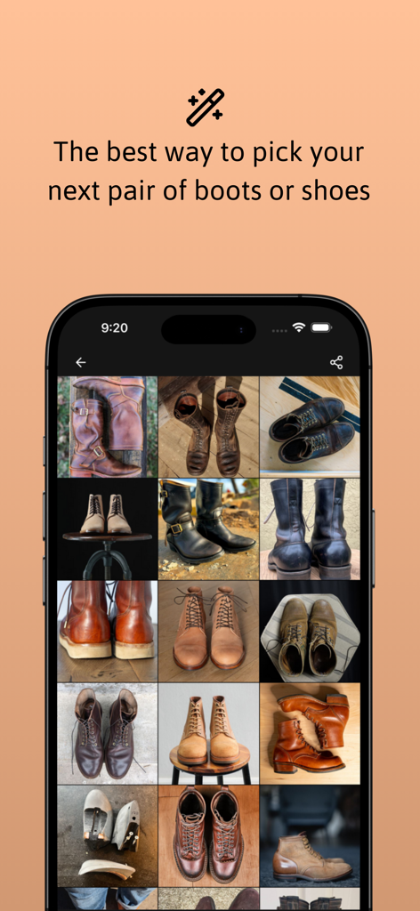 Patina Project app screen displaying a gallery of leather boots to show how they age over time.