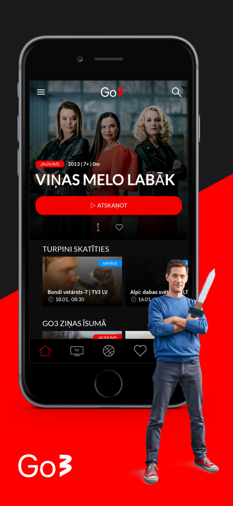Smartphone showing the Go3 Latvija mobile app interface with popular Latvian TV shows