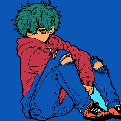a male hoddie ripped jeans messy hair anime
