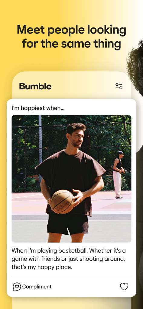 Bumble app screenshot showing a user profile with a photo of a man on a basketball court and a personalized prompt about his interests.