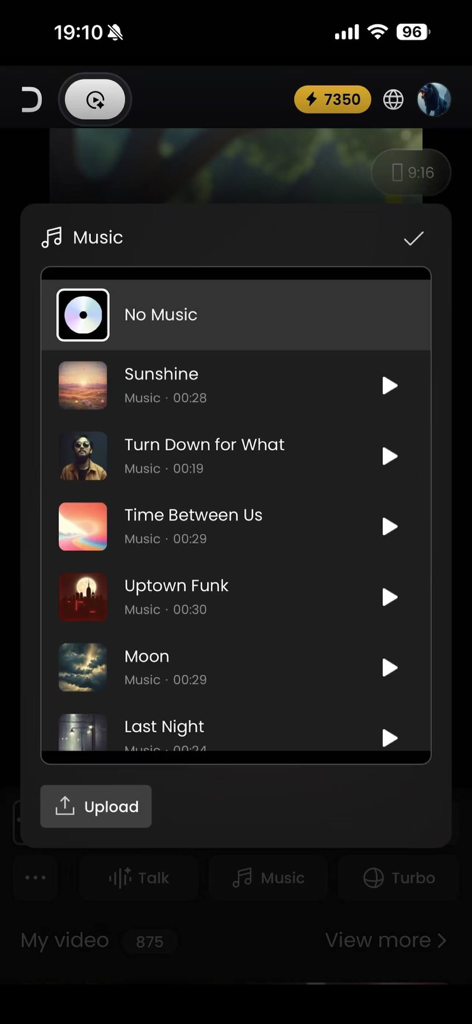 La interfaz de selección de música en la aplicación DIGEN para agregar pistas de audio a vídeos generados por IA